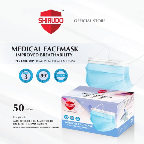 SHIRUDO 3-Ply Earloop Premium Medical Facemask [50pcs/box]