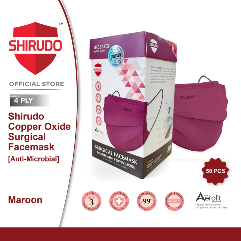 SHIRUDO Copper Oxide 4ply Surgical FaceMask [Anti-Microbial] – Kill 99% Of AIRBORNE GERMS [50pcs/box] 