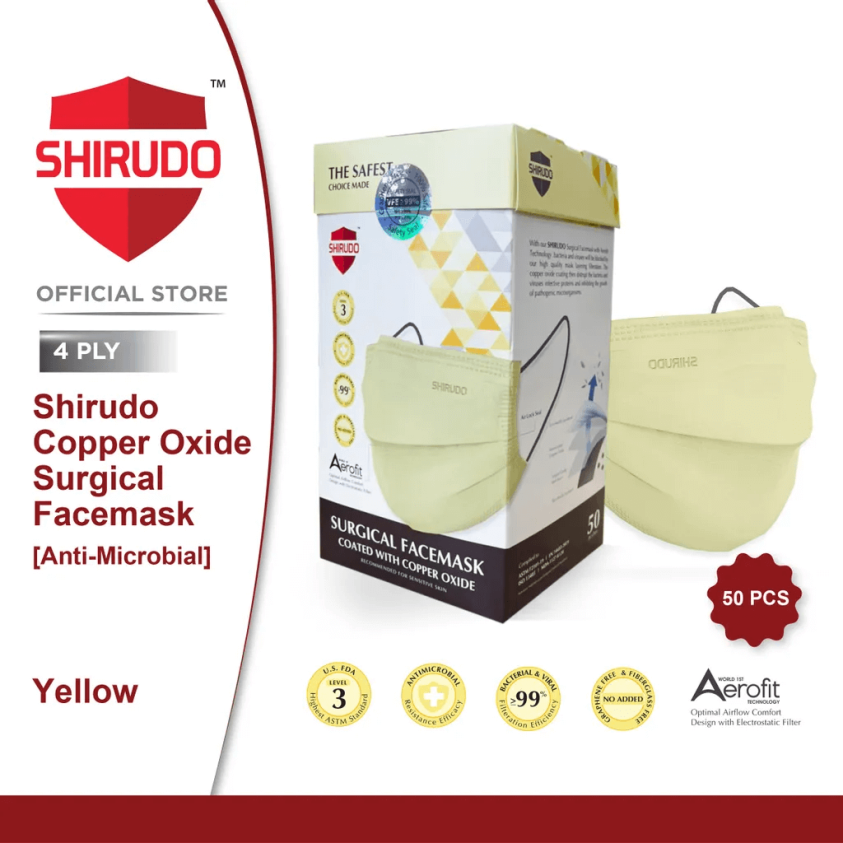 SHIRUDO Copper Oxide 4ply Surgical FaceMask [Anti-Microbial] – Kill 99% Of AIRBORNE GERMS [50pcs/box] 